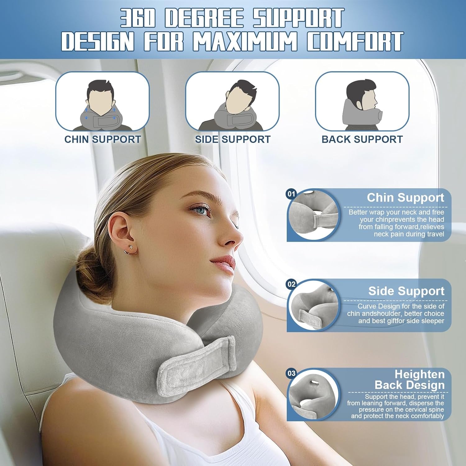 Travel Pillows for Airplanes,Portable Raised Back Support Design Neck Pillow with 360° Support,100% Pure Memory Foam Airplane Pillow with Storage Bag,For Offices,Travelling,Sleeping,Car,Airplane