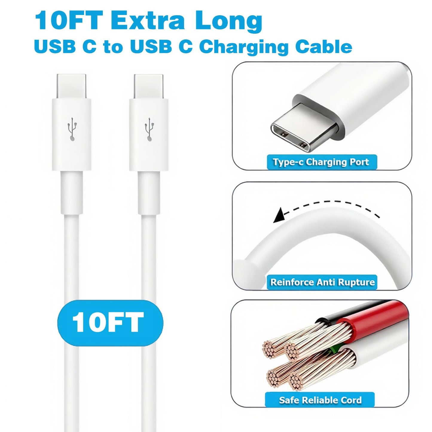 Long Phone Charger Cord USB C to USB C Cable 10 Ft Fast Charging Phone Cord 10 Foot Compatible New Iphone 17 Pro/17 Promax/17 Air/17E/16 Pro Max/16Pro/16 Plus/16E/16/15Pro Max/15 Pro/15 Plus/15