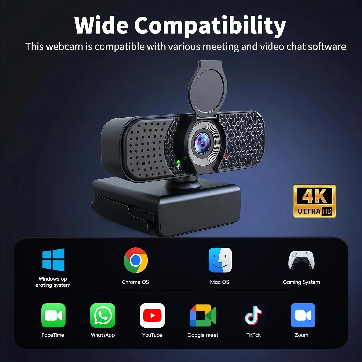 4K Webcam with Autofocus & Tripod, Camera for PC Laptop with Dual Microphone, USB Computer Camera with Low Light Correction, Auto White Balance, Video Camera for Streaming, Meetings, Office, Zoom
