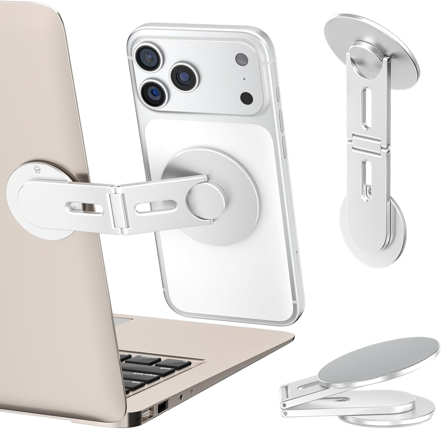 Magnetic Laptop Phone Holder, Foldable Hidden Mount Compatible with Iphone 17/16/15/14/13 & All Phone, 360° Rotating Monitor Side Phone Stand for Laptop, Tesla Model 3/Y, Desktop, Silver
