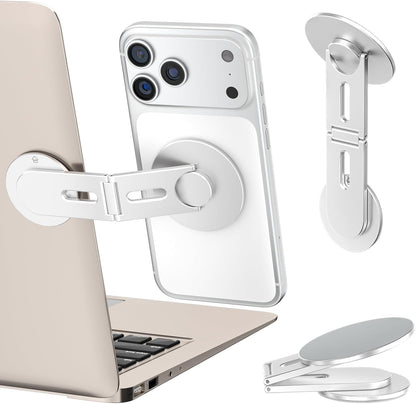 Magnetic Laptop Phone Holder, Foldable Hidden Mount Compatible with Iphone 17/16/15/14/13 & All Phone, 360° Rotating Monitor Side Phone Stand for Laptop, Tesla Model 3/Y, Desktop, Silver