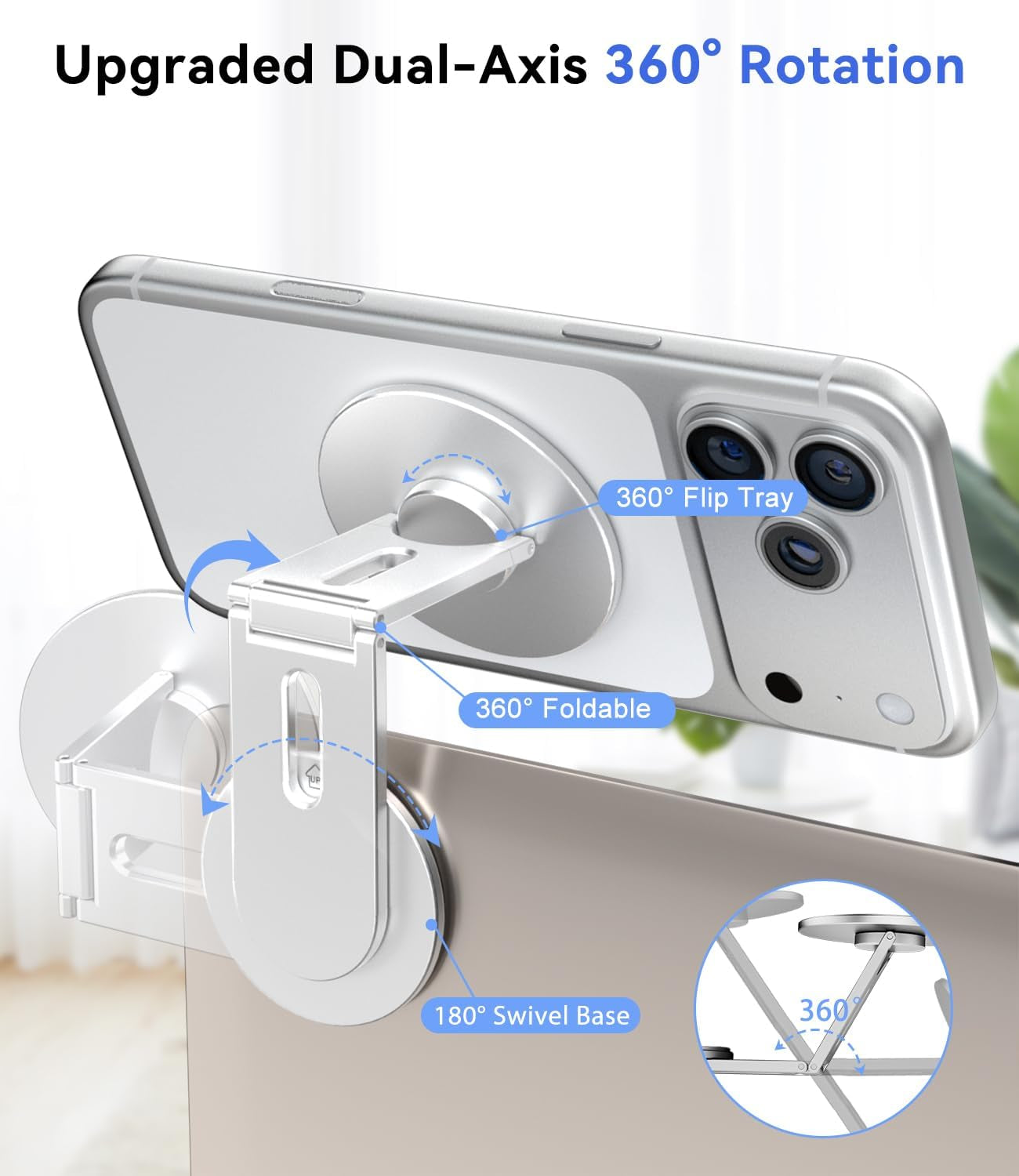 Magnetic Laptop Phone Holder, Foldable Hidden Mount Compatible with Iphone 17/16/15/14/13 & All Phone, 360° Rotating Monitor Side Phone Stand for Laptop, Tesla Model 3/Y, Desktop, Silver