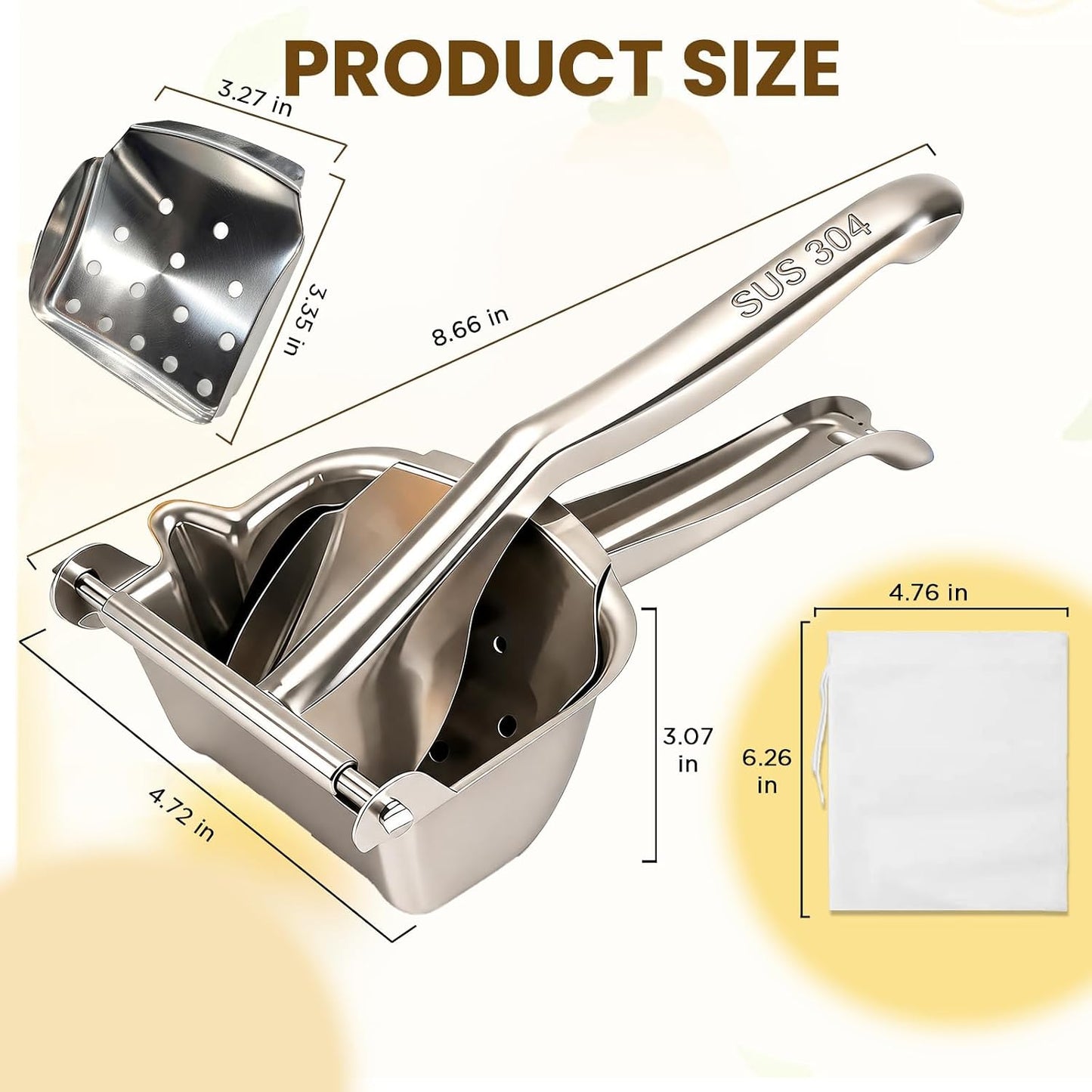 Fruit Juice Squeezer Manual Juicer – 304 Stainless Steel Hand Juicer Citrus Press with Metal Filter Filter Bag, Easy to Use & Clean, Non-Slip Ergonomic Grip, for Lemon, Orange & Citrus