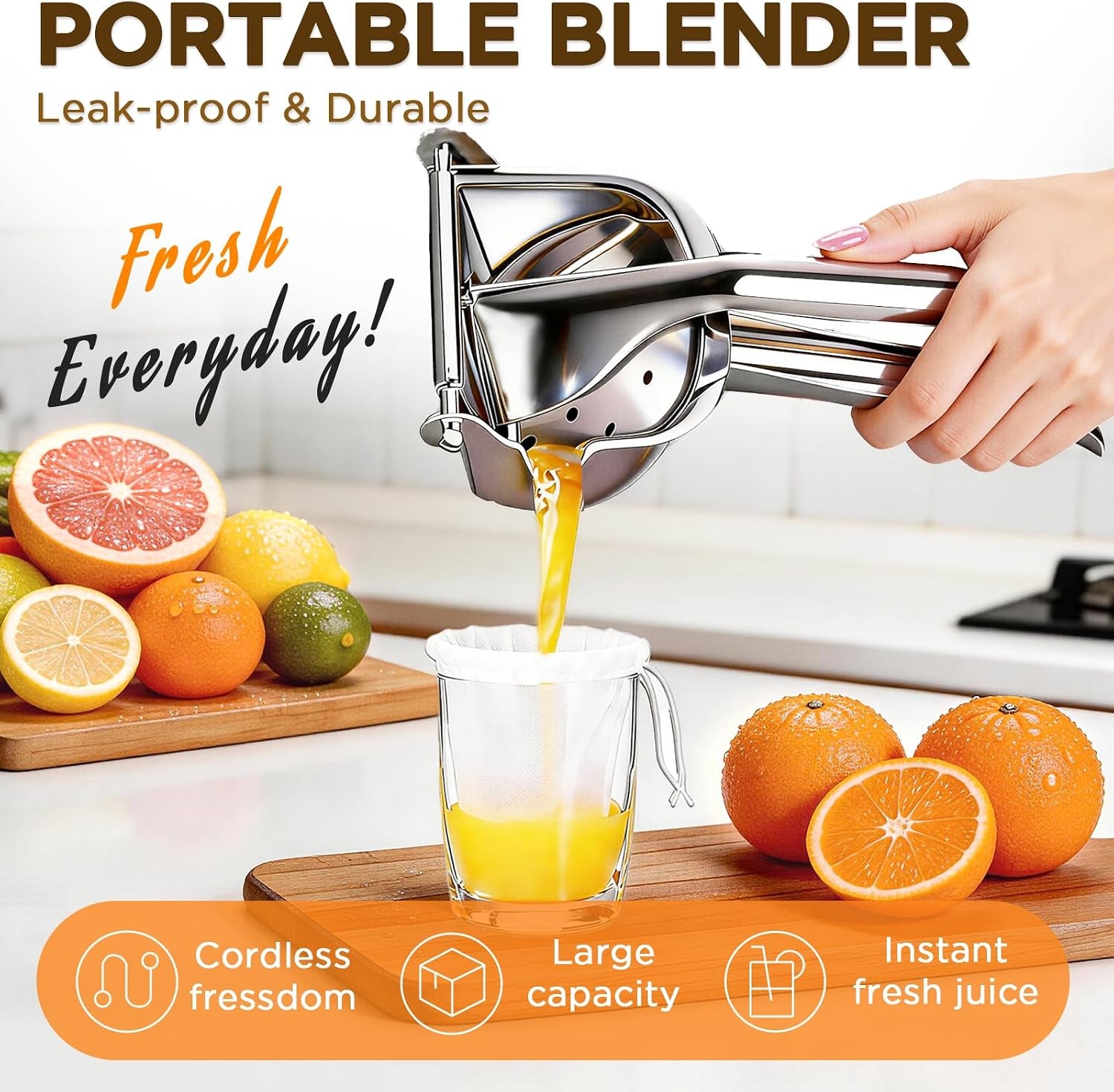 Fruit Juice Squeezer Manual Juicer – 304 Stainless Steel Hand Juicer Citrus Press with Metal Filter Filter Bag, Easy to Use & Clean, Non-Slip Ergonomic Grip, for Lemon, Orange & Citrus