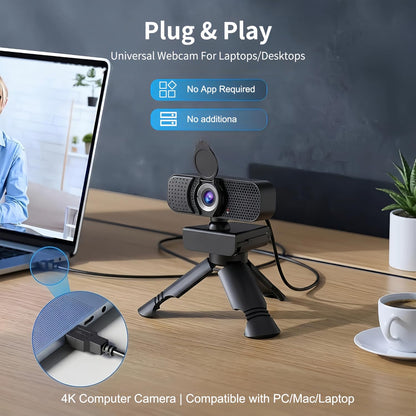 4K Webcam with Autofocus & Tripod, Camera for PC Laptop with Dual Microphone, USB Computer Camera with Low Light Correction, Auto White Balance, Video Camera for Streaming, Meetings, Office, Zoom
