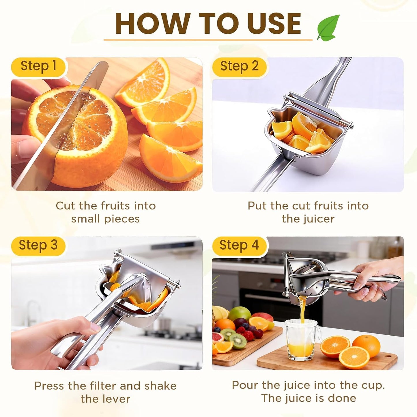 Fruit Juice Squeezer Manual Juicer – 304 Stainless Steel Hand Juicer Citrus Press with Metal Filter Filter Bag, Easy to Use & Clean, Non-Slip Ergonomic Grip, for Lemon, Orange & Citrus