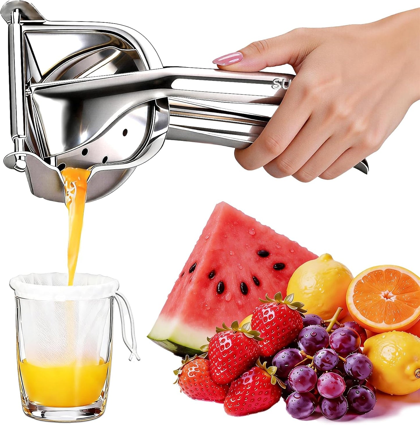 Fruit Juice Squeezer Manual Juicer – 304 Stainless Steel Hand Juicer Citrus Press with Metal Filter Filter Bag, Easy to Use & Clean, Non-Slip Ergonomic Grip, for Lemon, Orange & Citrus
