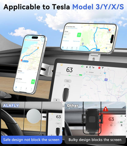 Magnetic Laptop Phone Holder, Foldable Hidden Mount Compatible with Iphone 17/16/15/14/13 & All Phone, 360° Rotating Monitor Side Phone Stand for Laptop, Tesla Model 3/Y, Desktop, Silver