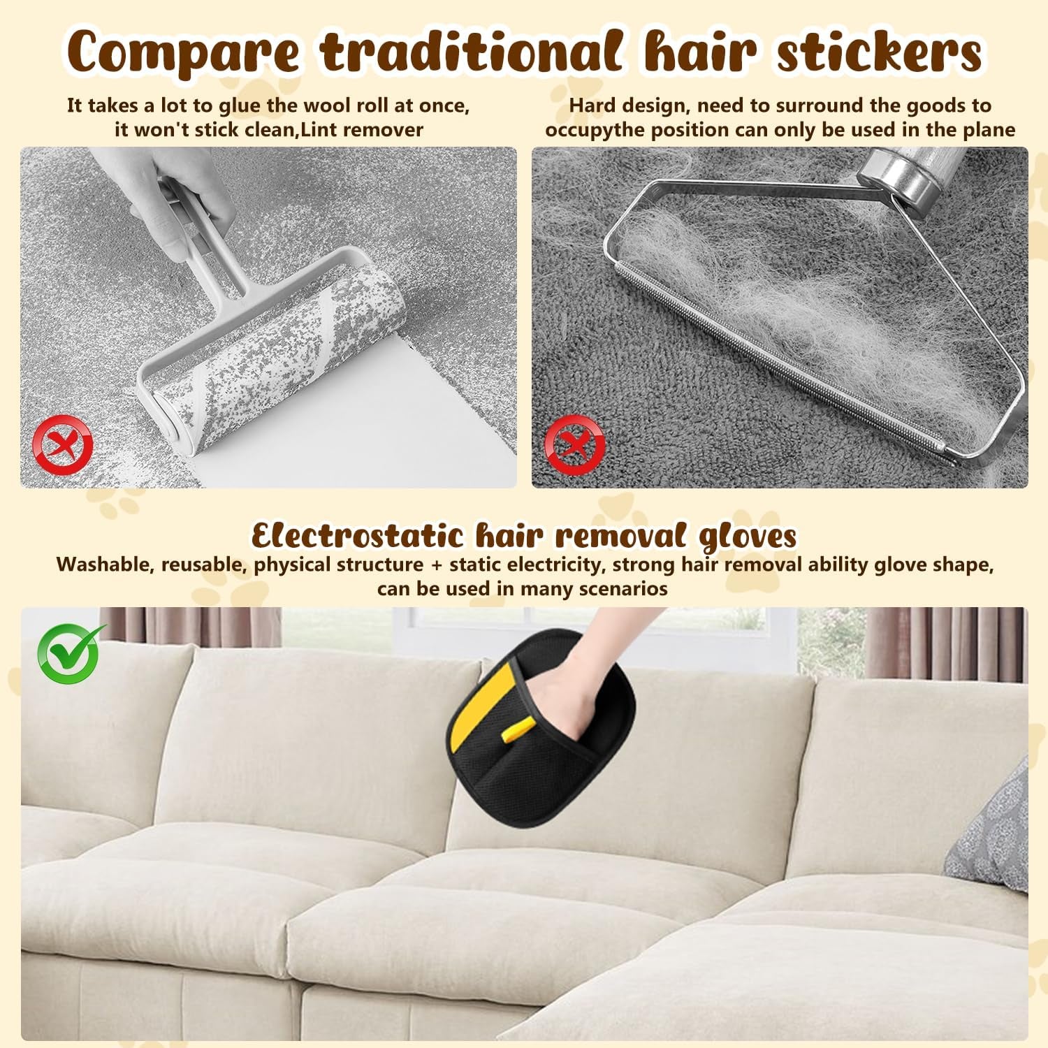 Magic Brush Pet Hair, Pet Hair Remover Gloves for Cats & Dogs, Newly Upgraded Reusable Electrostatic Pet Hair Remover Glove, for Couch Furniture, Carpet, Curtain